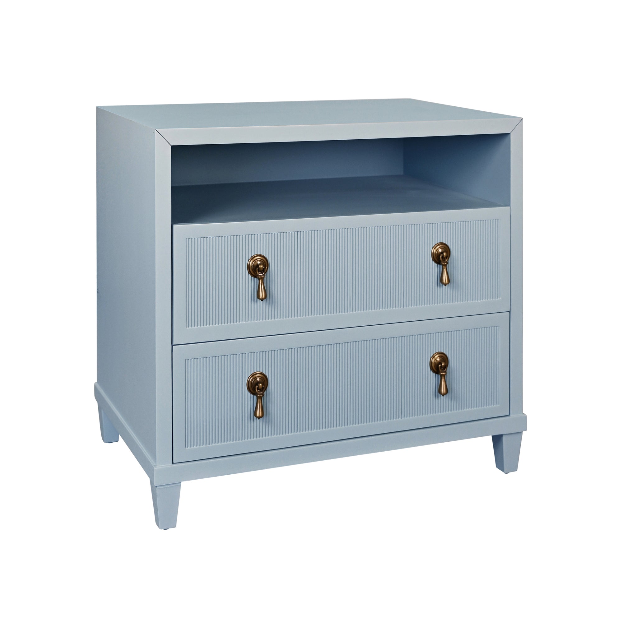 Corinne Two Drawer, Open Shelf Side Table With Fluted Drawer Fronts In Provincial Brown Oak