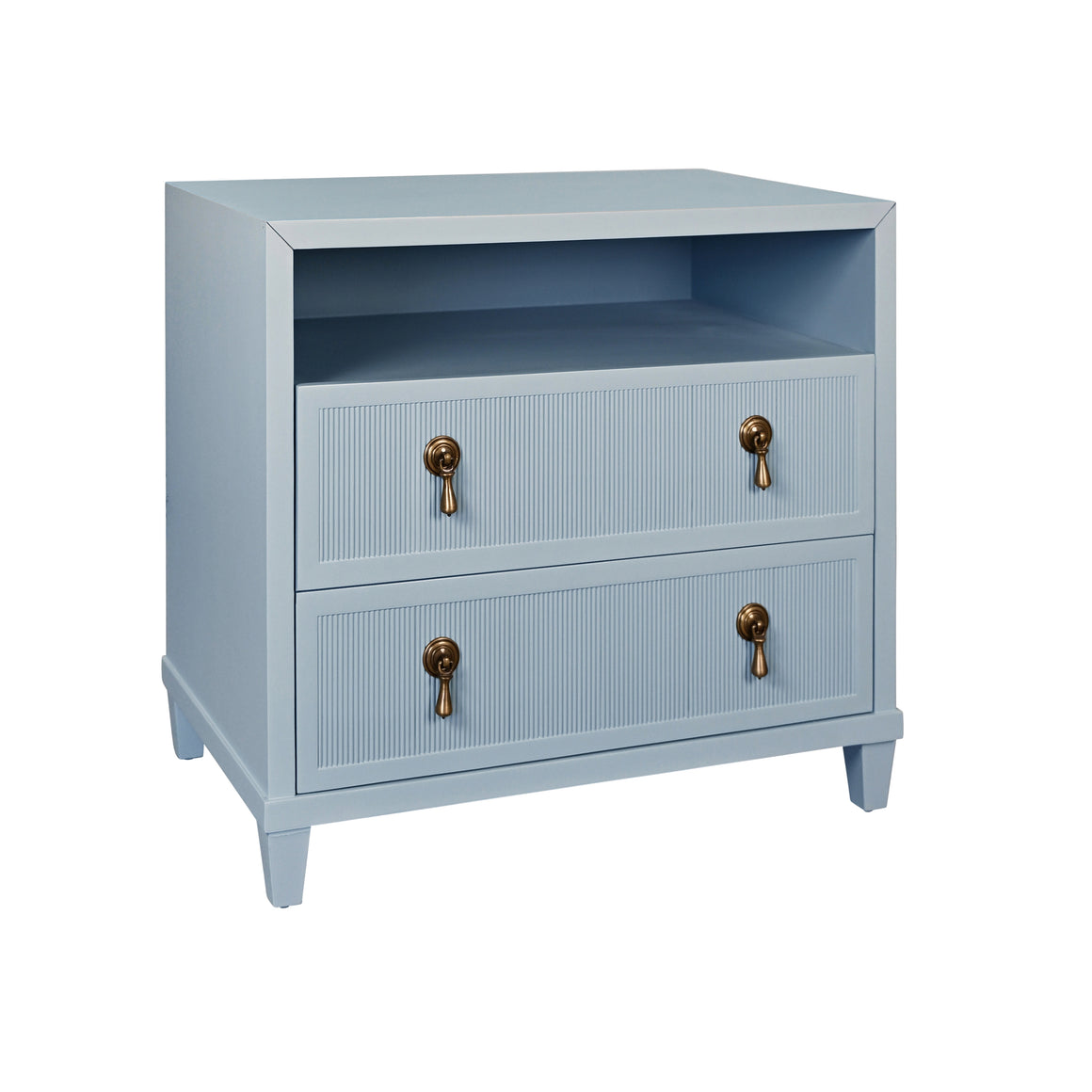 Corinne Two Drawer, Open Shelf Side Table With Fluted Drawer Fronts In Provincial Brown Oak
