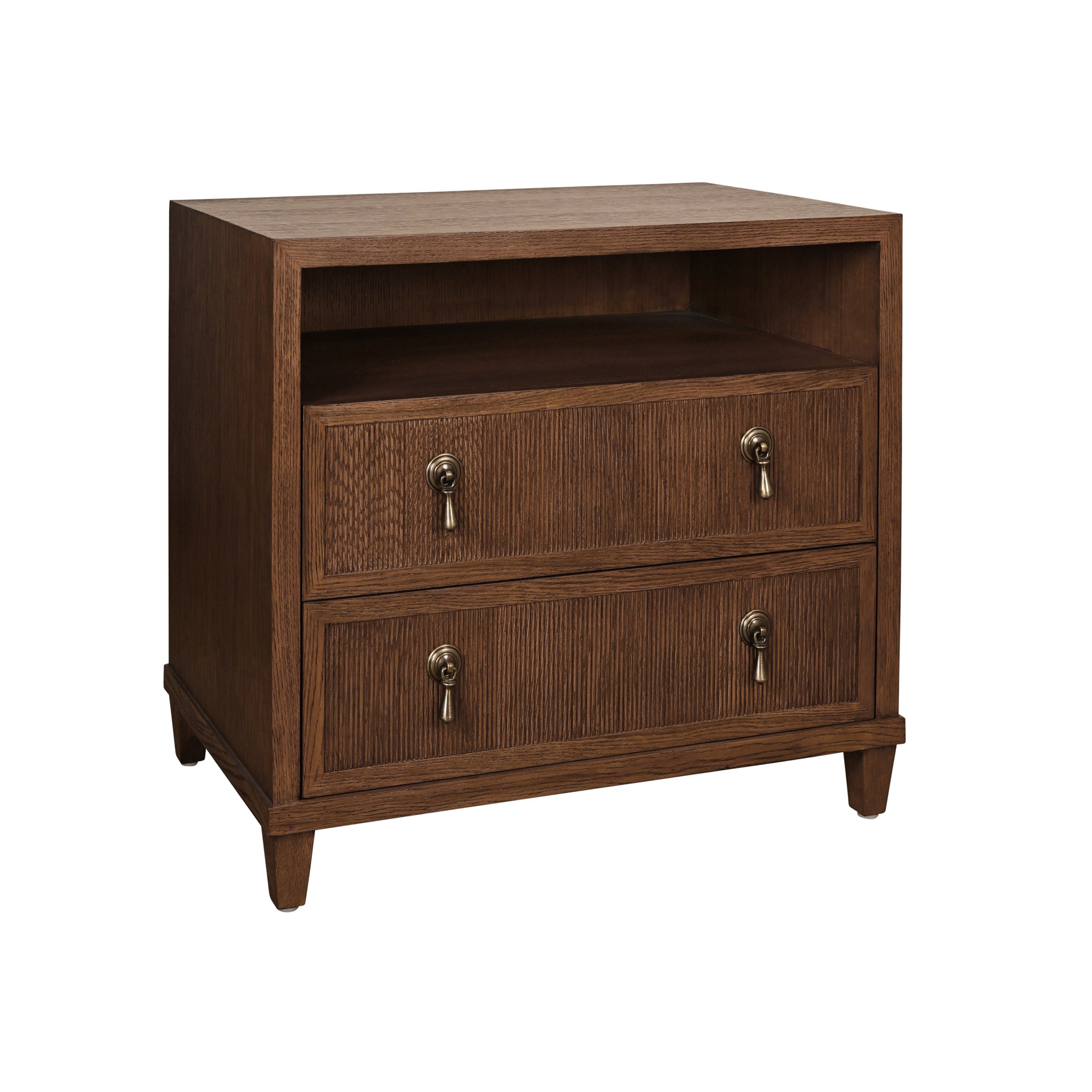 Corinne Two Drawer, Open Shelf Side Table With Fluted Drawer Fronts In Provincial Brown Oak