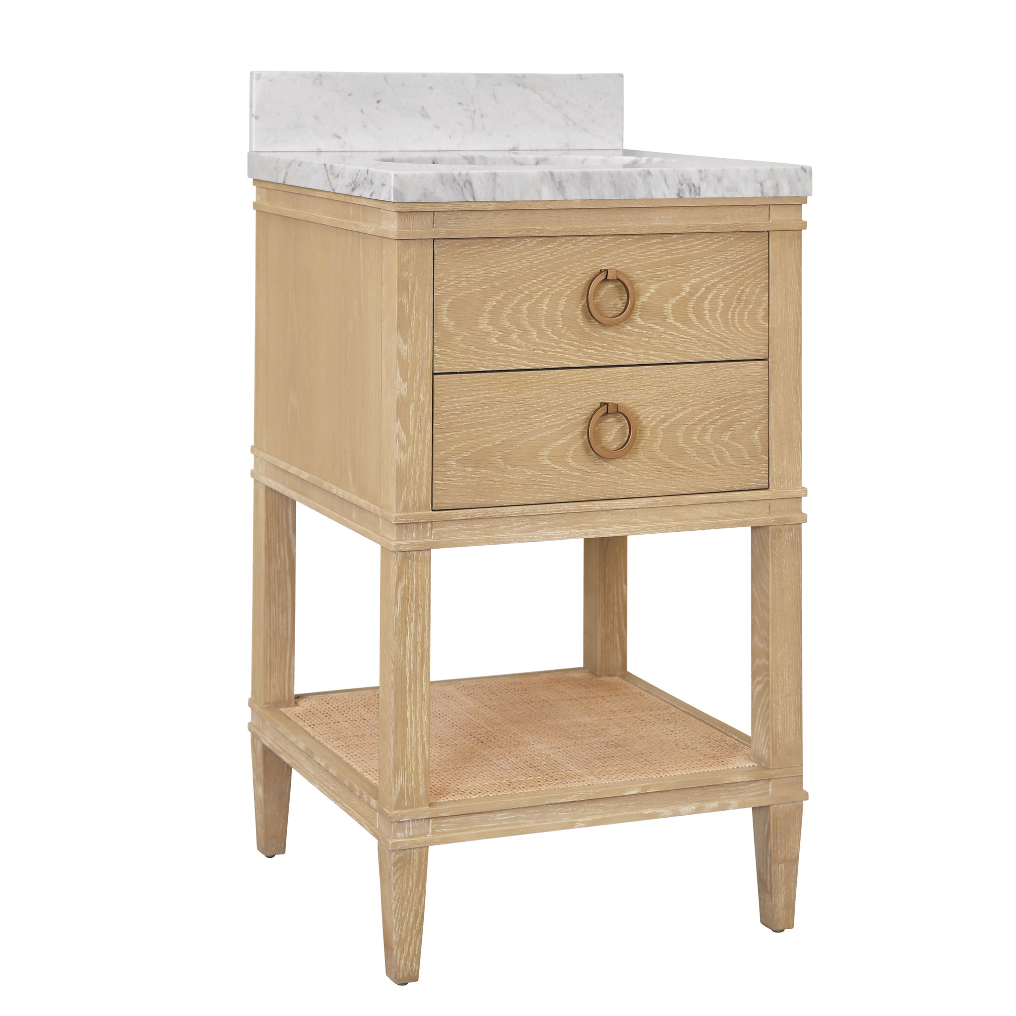 Cutler Bath Vanity In Matte Light Blue Lacquer With Open Cane Shelf, White Marble Top, Porcelain Sink, And Antique Brass Ring Hardware