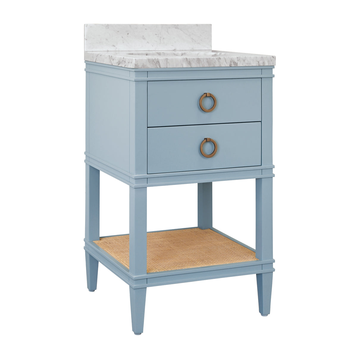 Cutler Bath Vanity In Matte Light Blue Lacquer With Open Cane Shelf, White Marble Top, Porcelain Sink, And Antique Brass Ring Hardware