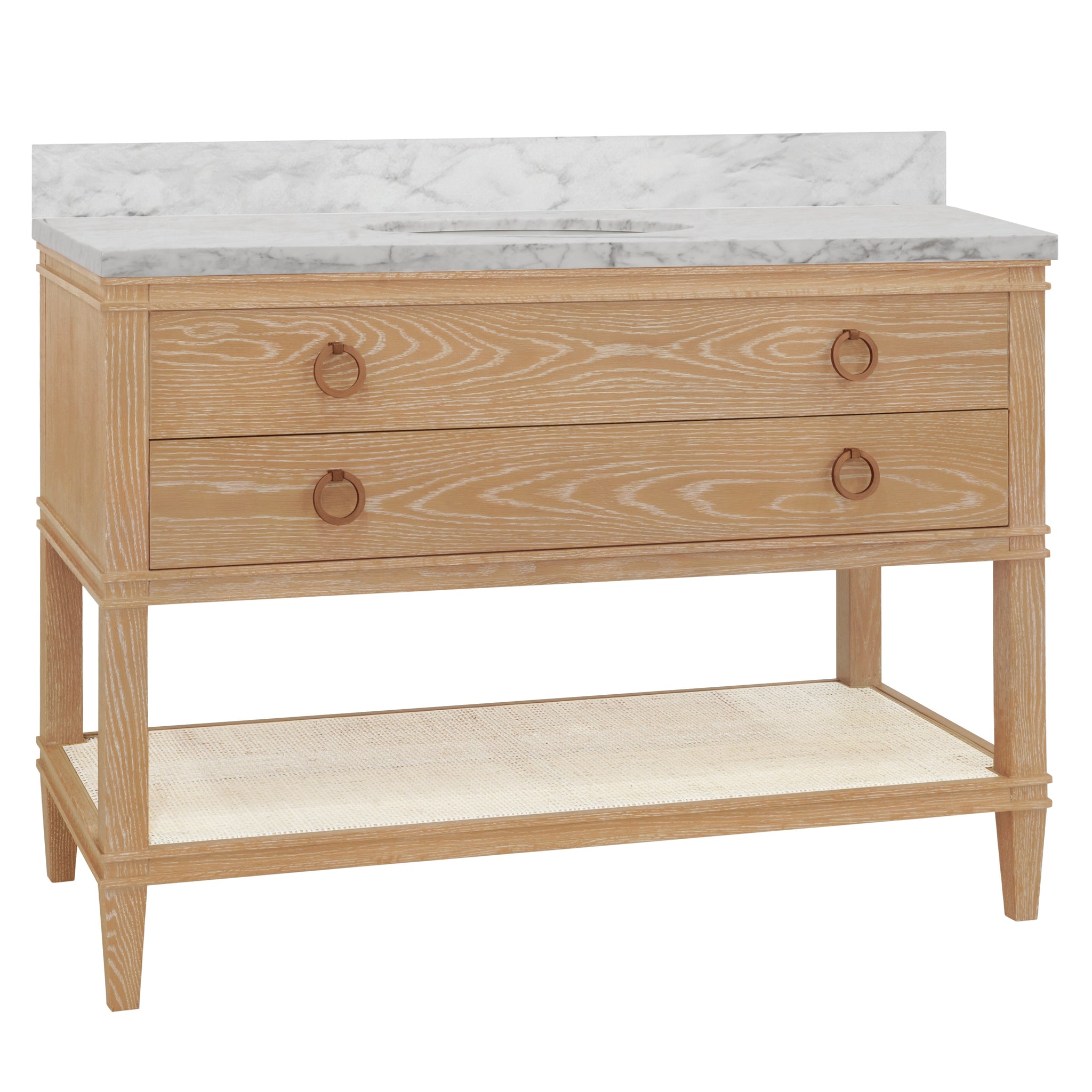 Cutler Bath Vanity In Cerused Oak With Open Cane Shelf, White Marble Top, Porcelain Sink, And Antique Brass Ring Hardware, 48" Wide