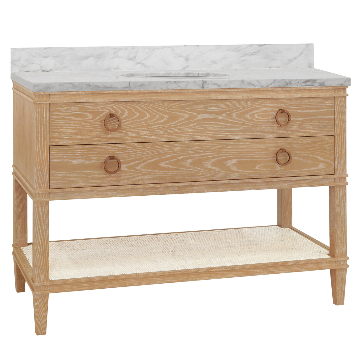 Cutler Bath Vanity In Cerused Oak With Open Cane Shelf, White Marble Top, Porcelain Sink, And Antique Brass Ring Hardware, 48" Wide