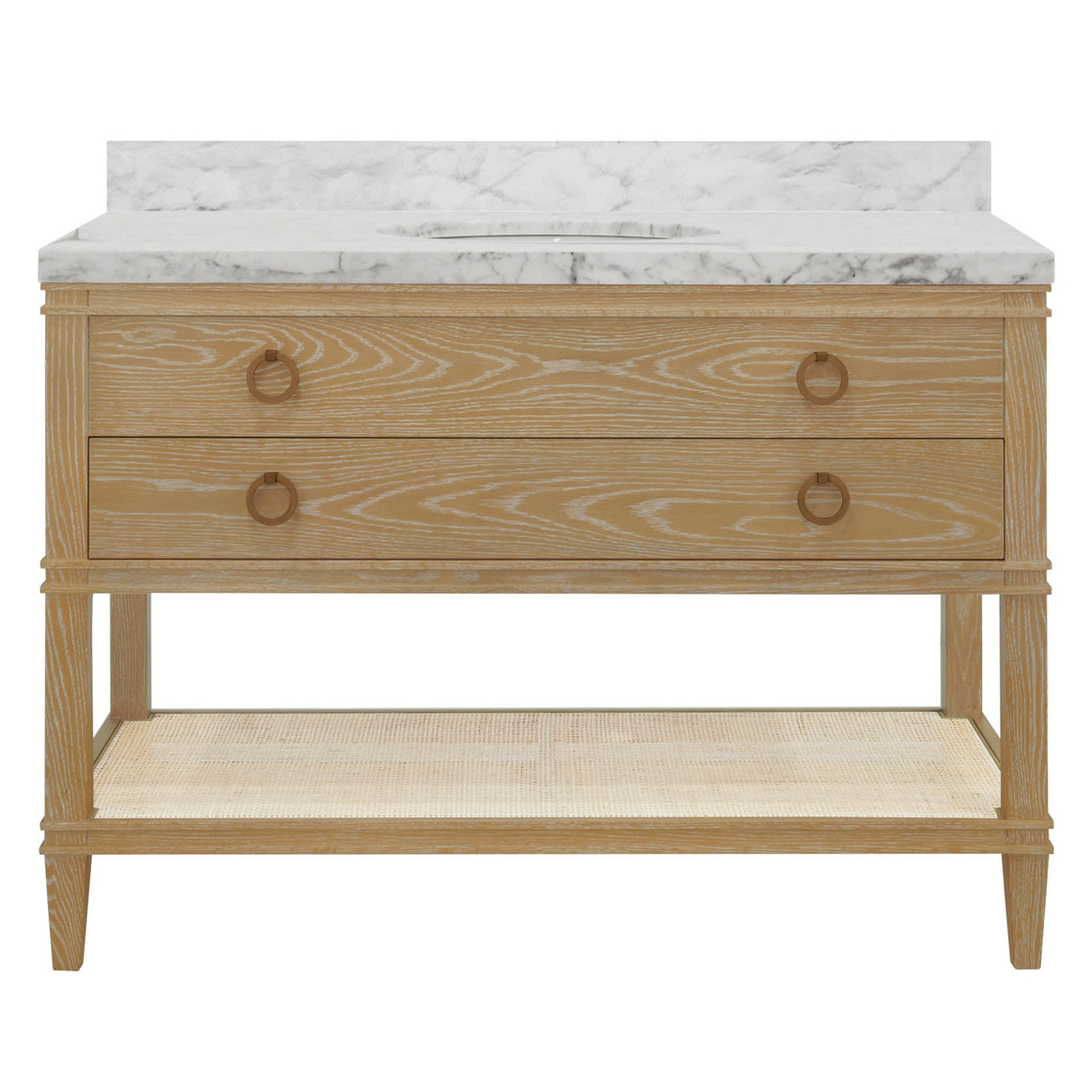 Cutler Bath Vanity In Cerused Oak With Open Cane Shelf, White Marble Top, Porcelain Sink, And Antique Brass Ring Hardware, 48" Wide