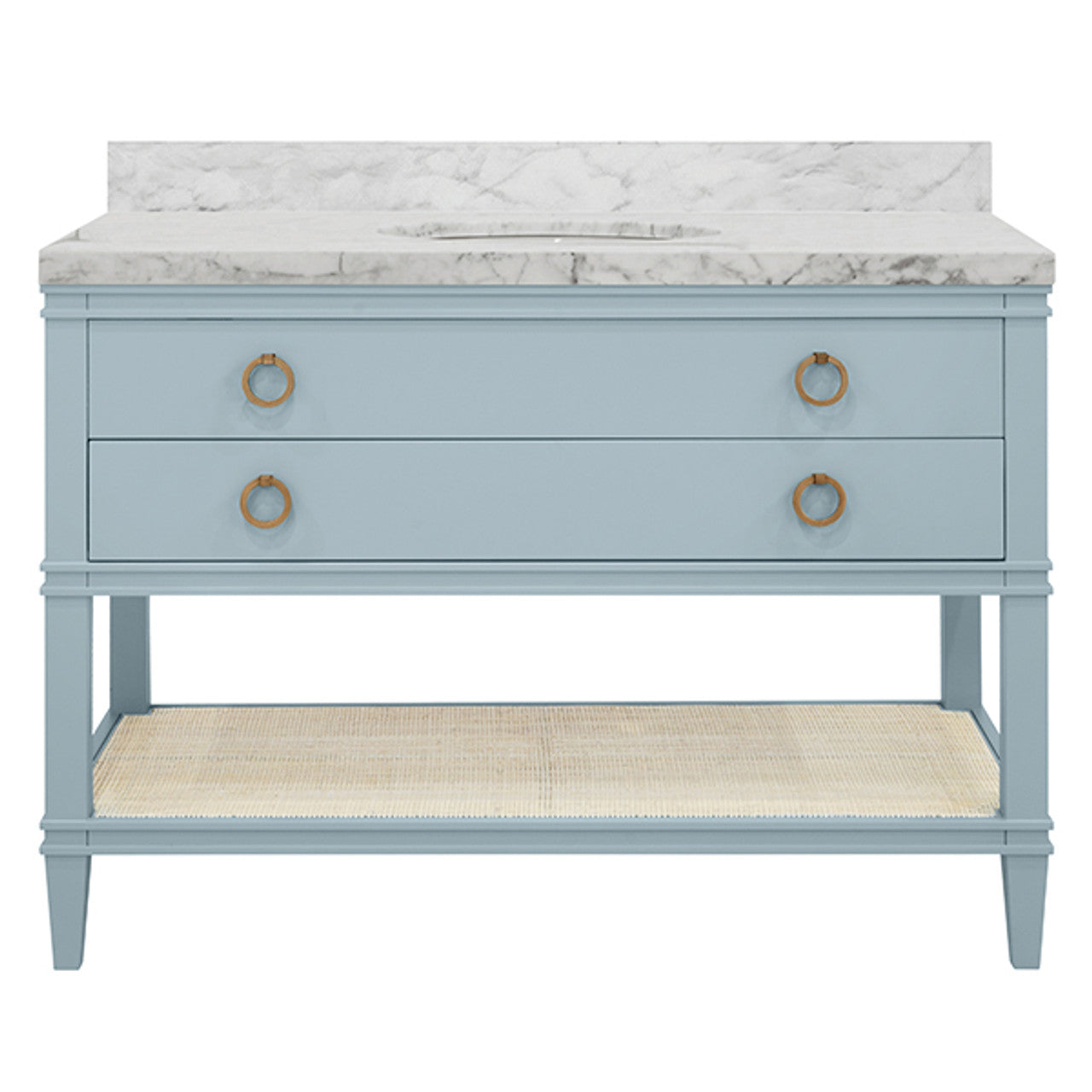 Cutler Bath Vanity In Matte Light Blue Lacquer With Open Cane Shelf, White Marble Top, Porcelain Sink, And Antique Brass Ring Hardware, 48" Wide