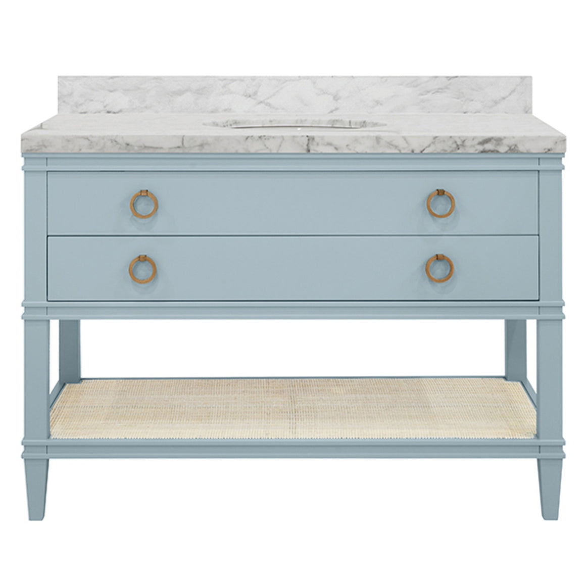 Cutler Bath Vanity In Matte Light Blue Lacquer With Open Cane Shelf, White Marble Top, Porcelain Sink, And Antique Brass Ring Hardware, 48" Wide