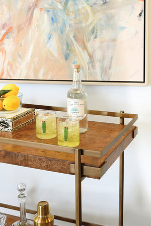 Cash Antique Brass Bar Cart with Shelves in Burl Wood