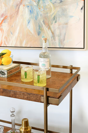 Cash Antique Brass Bar Cart with Shelves in Dark Burl Wood