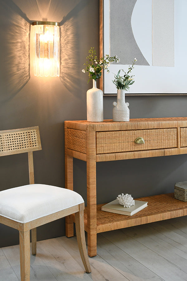 Ciara Two Drawer Console in Natural Rattan with Brushe Brass Cup Pulls