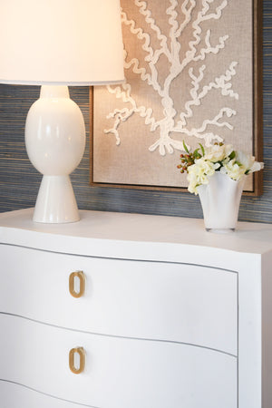 Cora Curved Front Chest with Three Drawers in White Textured Linen with Satin Brass Ring Hardware