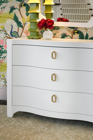 Cora Curved Front Chest with Three Drawers in White Textured Linen with Satin Brass Ring Hardware