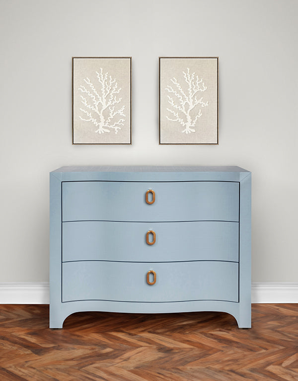 Cora Curved Front Chest with Three Drawers in White Textured Linen with Satin Brass Ring Hardware