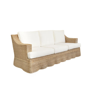 Lawson Style Sofa in Natural Rattan with Scalloped Skirt and Ivory Linen Cushions