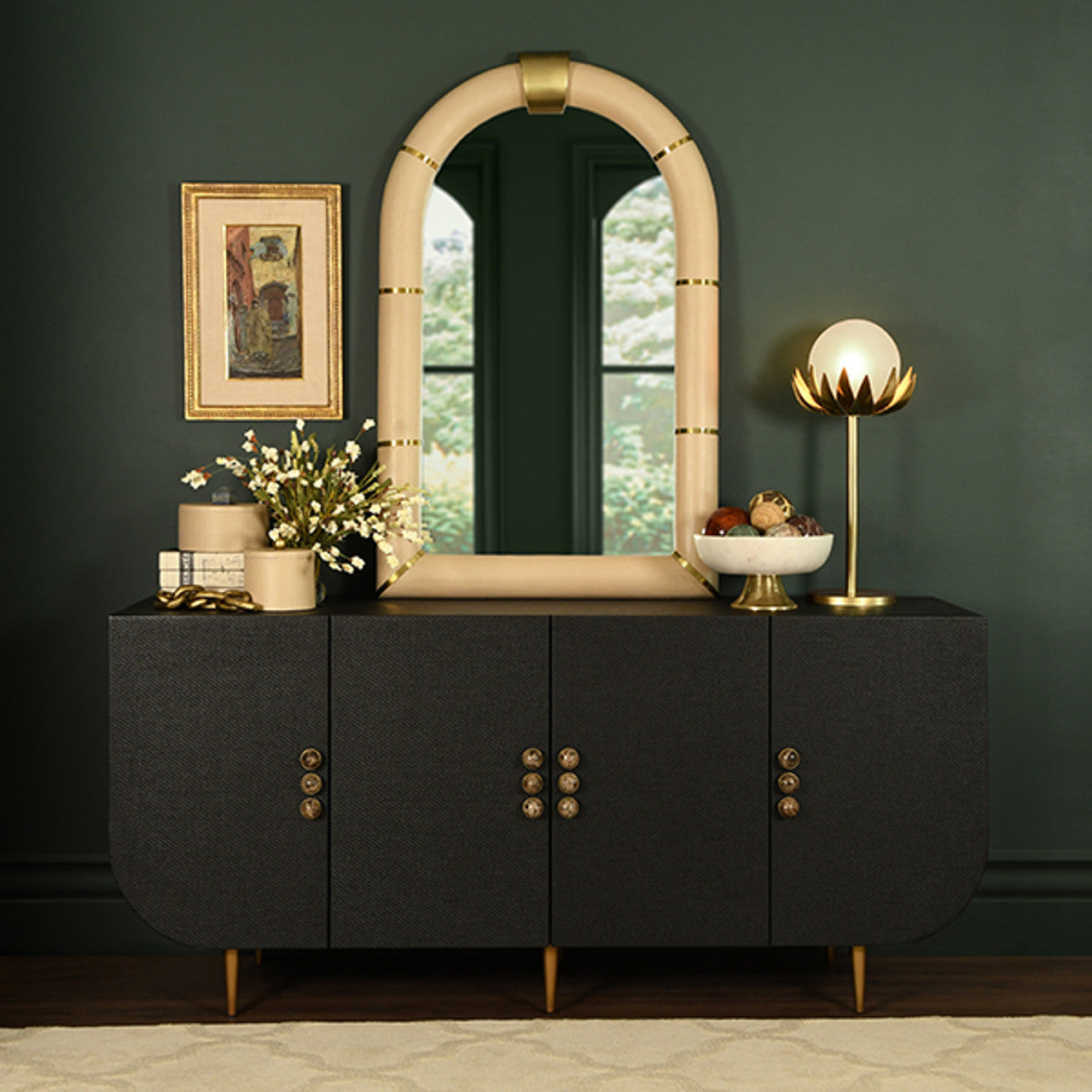 Deluca Four Door Buffet With Curved Bottom Corners And Stone Hardware In Black Painted Grasscloth