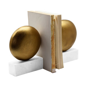 Disk shaped Textured Brass Metal Bookend with Swuare White Marble Base