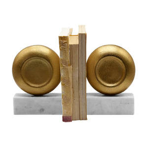 Disk shaped Textured Brass Metal Bookend with Swuare White Marble Base
