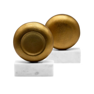 Disk shaped Textured Brass Metal Bookend with Swuare White Marble Base
