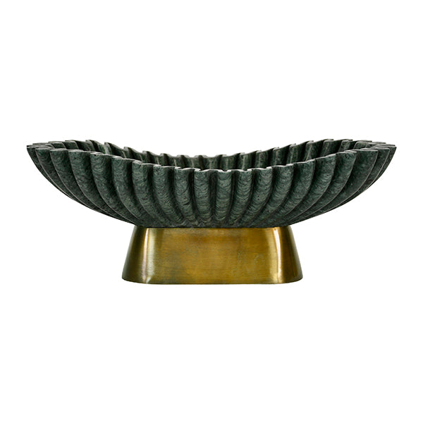 Oval Fluted Green Marble Bowl with Brass Base