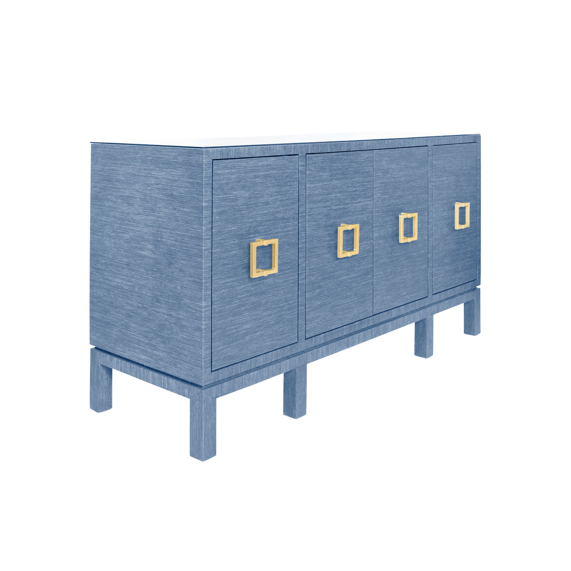 Effie Four Door Buffet with Large Brass Square Hardware in Blue Dyed Grasscloth