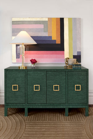 Effie Four Door Buffet with Large Brass Square Hardware in White Dyed Grasscloth