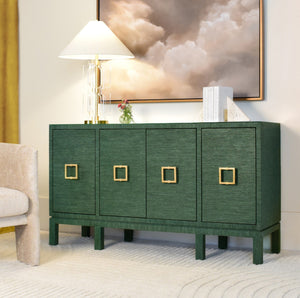 Effie Four Door Buffet with Large Brass Square Hardware in White Dyed Grasscloth