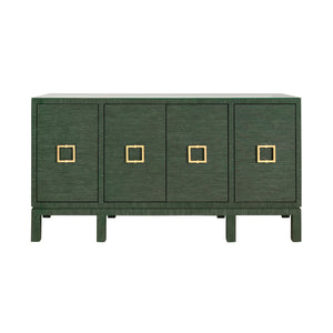 Effie Four Door Buffet with Large Brass Square Hardware in White Dyed Grasscloth