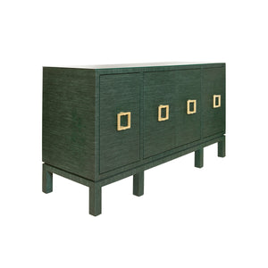 Effie Four Door Buffet with Large Brass Square Hardware in White Dyed Grasscloth