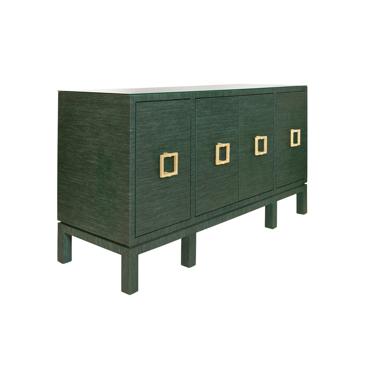 Effie Four Door Buffet with Large Brass Square Hardware in White Dyed Grasscloth