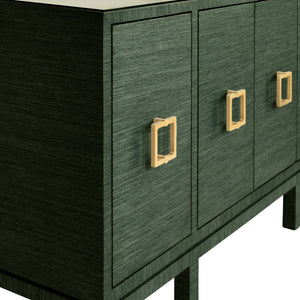 Effie Four Door Buffet with Large Brass Square Hardware in White Dyed Grasscloth