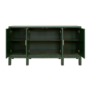 Effie Four Door Buffet with Large Brass Square Hardware in White Dyed Grasscloth