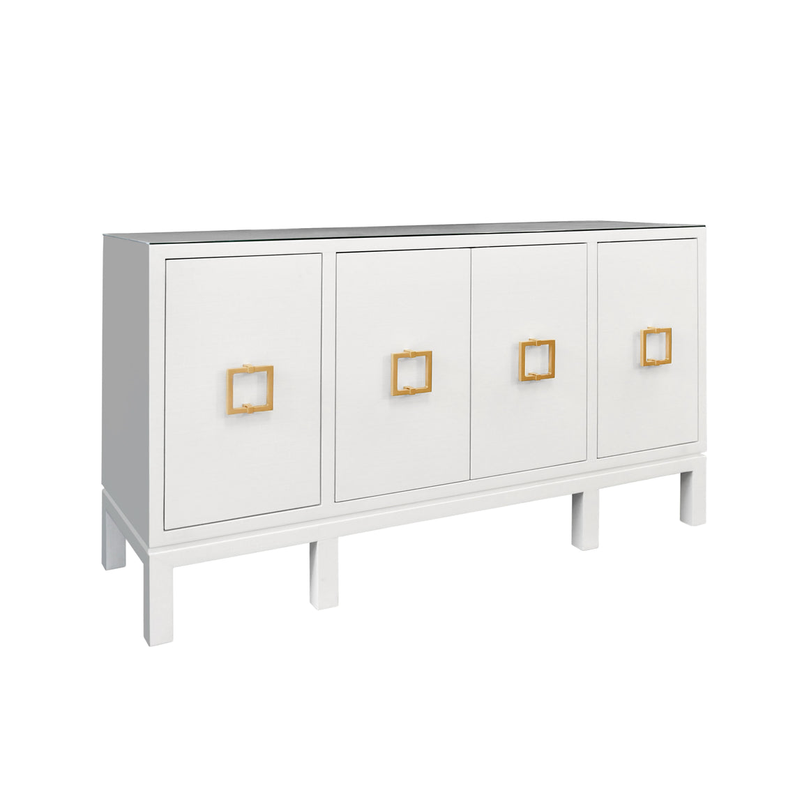 Effie Four Door Buffet with Large Brass Square Hardware in White Dyed Grasscloth