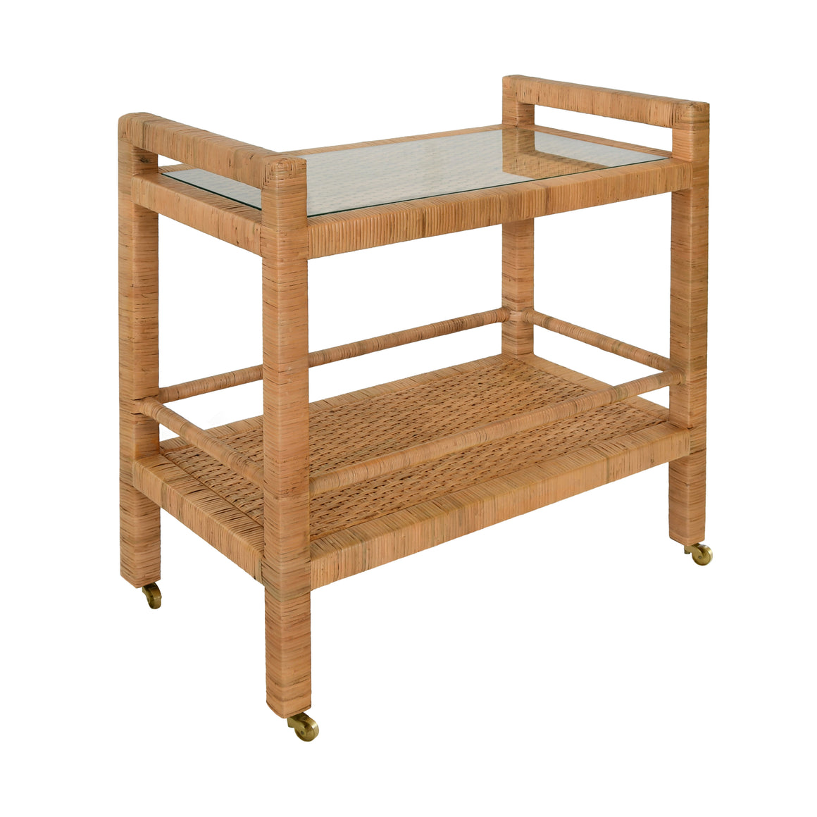 Elsie Two Tier Rectangle Bar Cart in Natural Rattan with Brass Casters