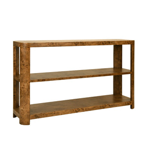 Emery Tier Tier Console With Curved Corners In Dark Burl Wood