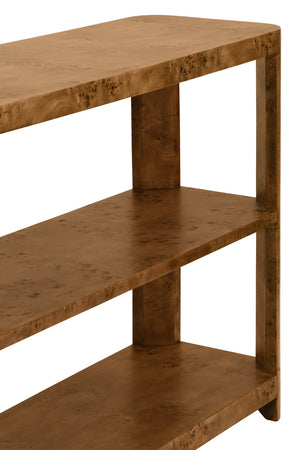 Emery Tier Tier Console With Curved Corners In Dark Burl Wood