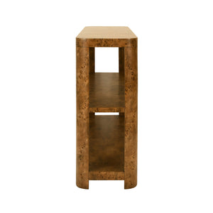 Emery Tier Tier Console With Curved Corners In Dark Burl Wood