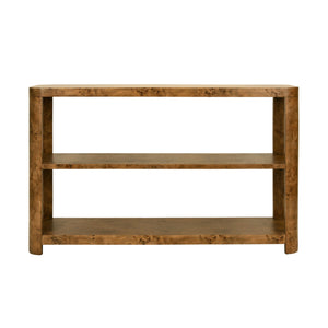 Emery Tier Tier Console With Curved Corners In Dark Burl Wood