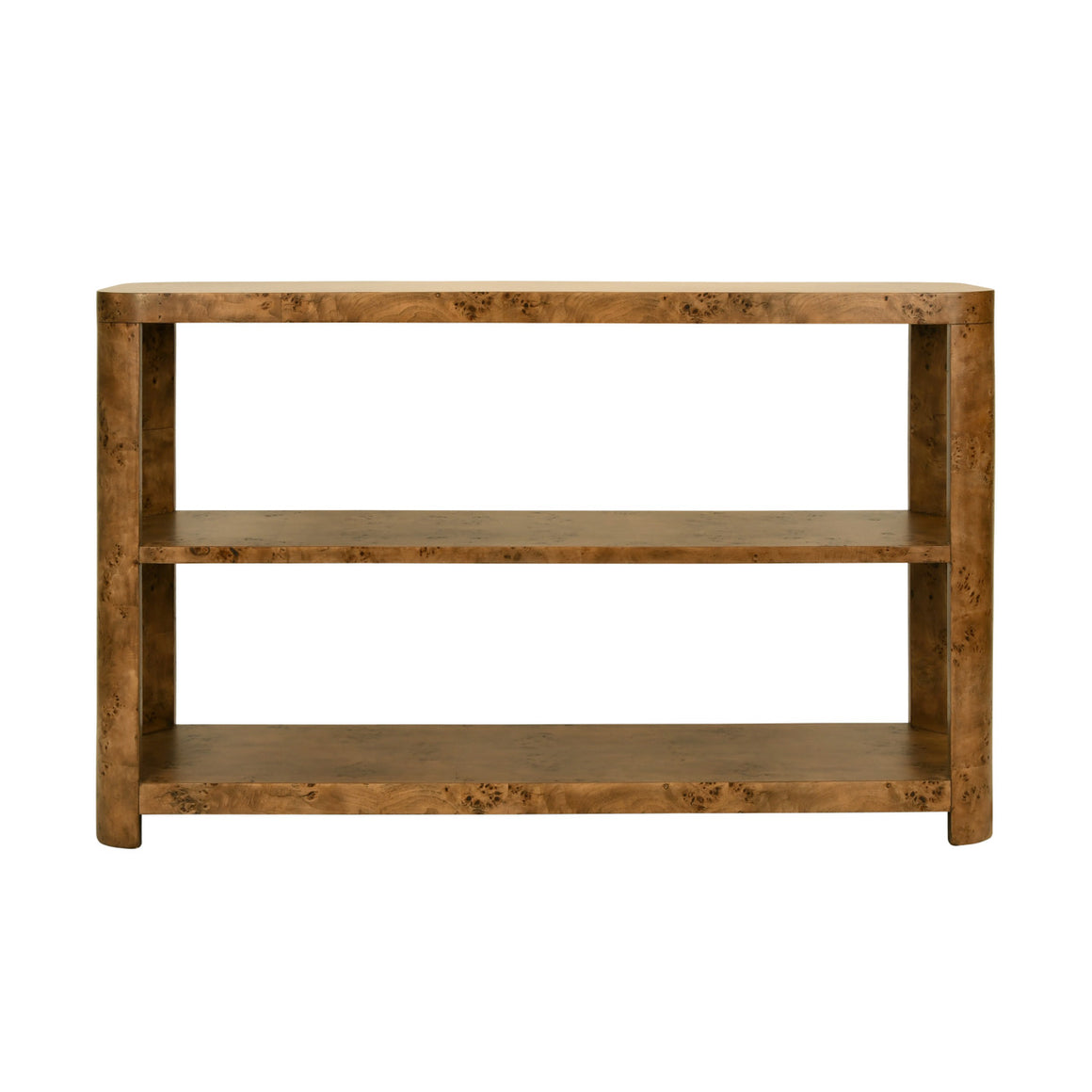 Emery Tier Tier Console With Curved Corners In Dark Burl Wood