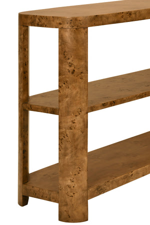 Emery Tier Tier Console With Curved Corners In Dark Burl Wood