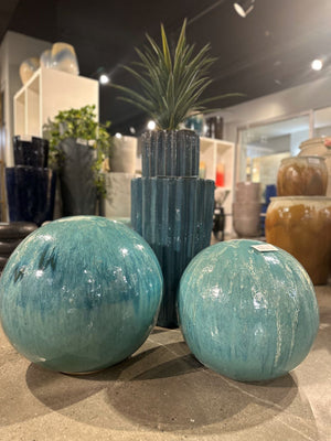 Tall Round Ridged Round Ceramic Pot in Teal – Set of Two