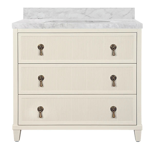 ENZO Bath Vanity With Fluted Drawer Fronts In Matte Antique White With White Marble Top