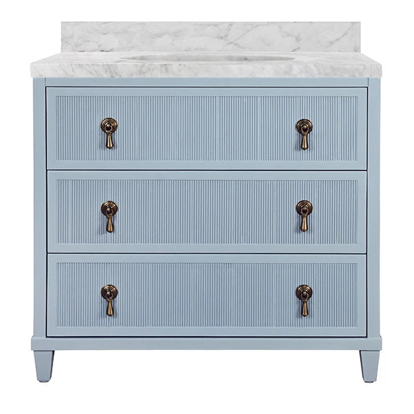 ENZO Bath Vanity With Fluted Drawer Fronts In Matte Light Blue With White Marble Top