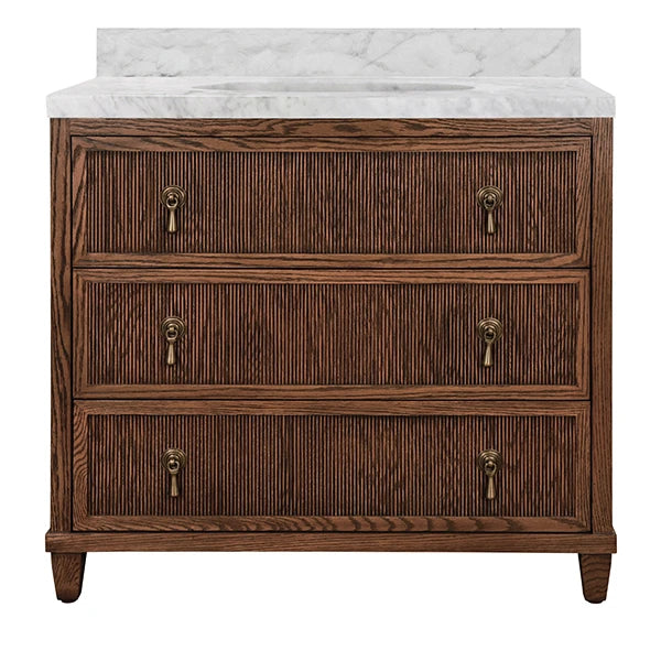 ENZO Bath Vanity With Fluted Drawer Fronts In Provincial Brown Oak With White Marble Top