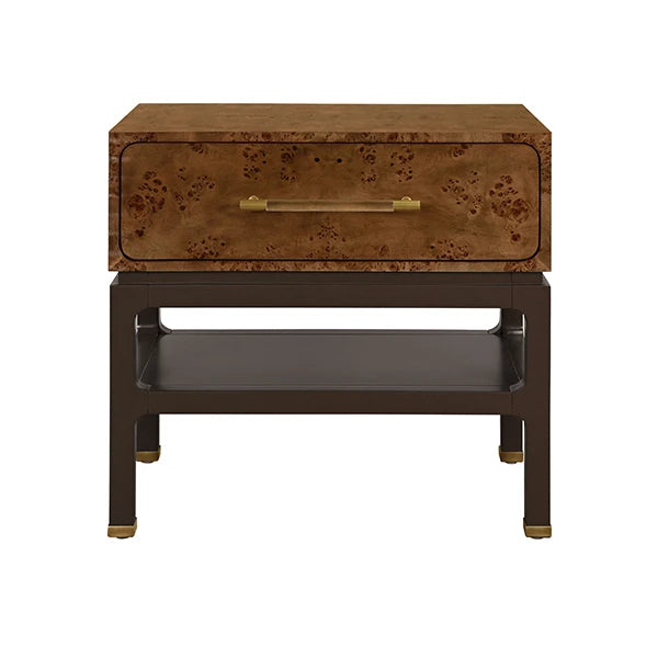 One Drawer Side Table In Dark Burl Wood With Matte Chocolate Brown Lacquer Base And Antique Brass Foot Caps