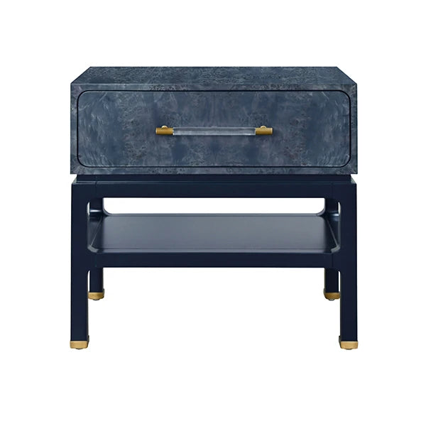 One Drawer Side Table In Navy Burl Wood With Matte Navy Lacquer Base And Antique Brass Foot Caps