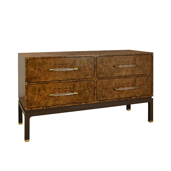 Four Drawer Chest In Dark Burl Wood With Matte Chocolate Brown Lacquer Base And Antique Brass Foot Caps
