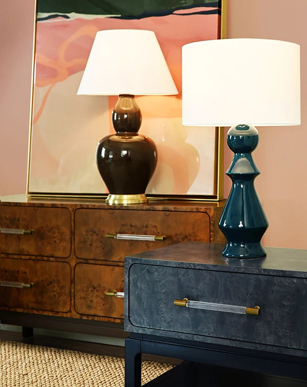 One Drawer Side Table In Navy Burl Wood With Matte Navy Lacquer Base And Antique Brass Foot Caps