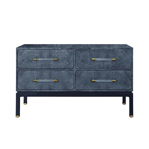 Four Drawer Chest In Navy Burl Wood With Matte Navy Lacquer Base And Antique Brass Foot Caps