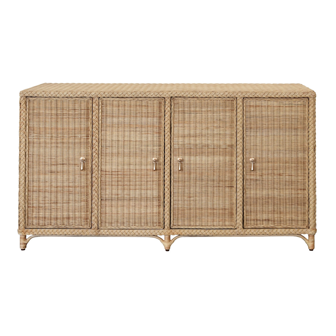 Evander Four Door Buffet in Fully Wrapped Rattan with Satin Brass Pulls