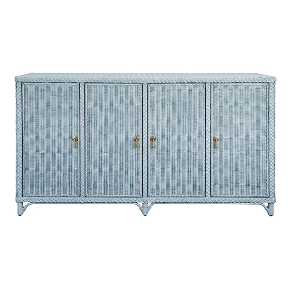 Four Door Buffet In Fully Wrapped Rattan With Satin Brass Pulls In Painted Light Blue