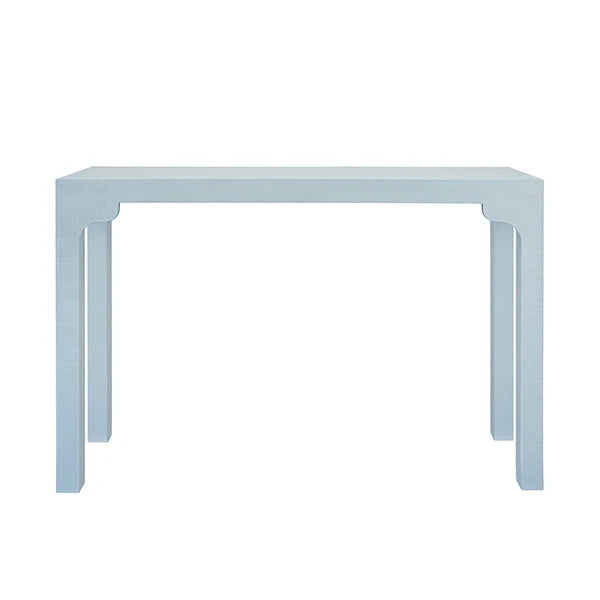 Parsons Style Console Table With Decorative Apron In Textured Light Blue Linen